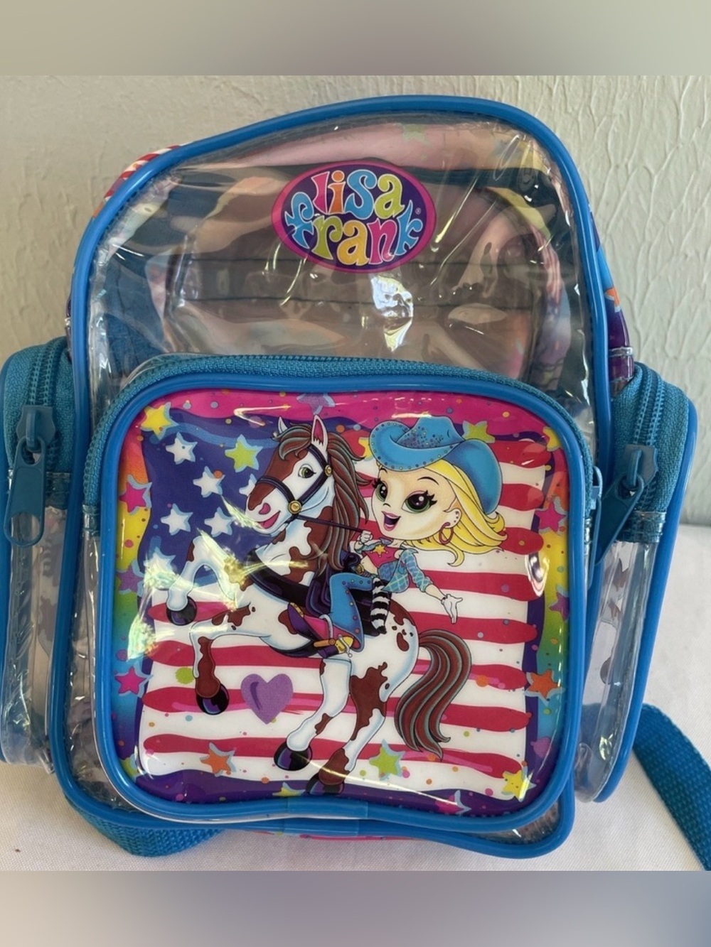 VINTAGE Rare Lisa Frank Clear Plastic Mini backpack Cowgirl Horse Flag Rodeo